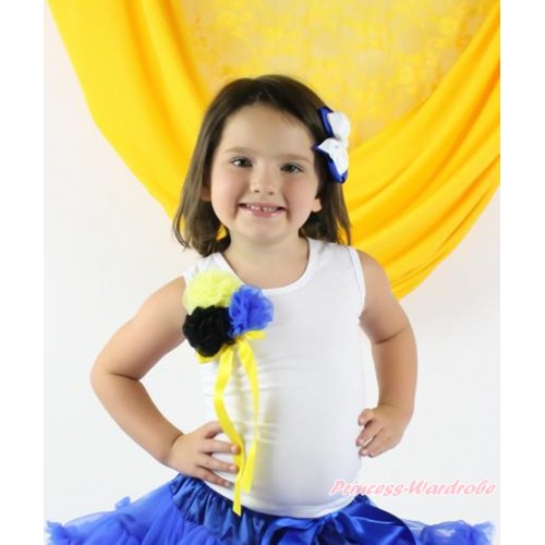 White Tank Top & Bunch of Yellow Black Royal Blue Rosettes & Yellow Bow TB863